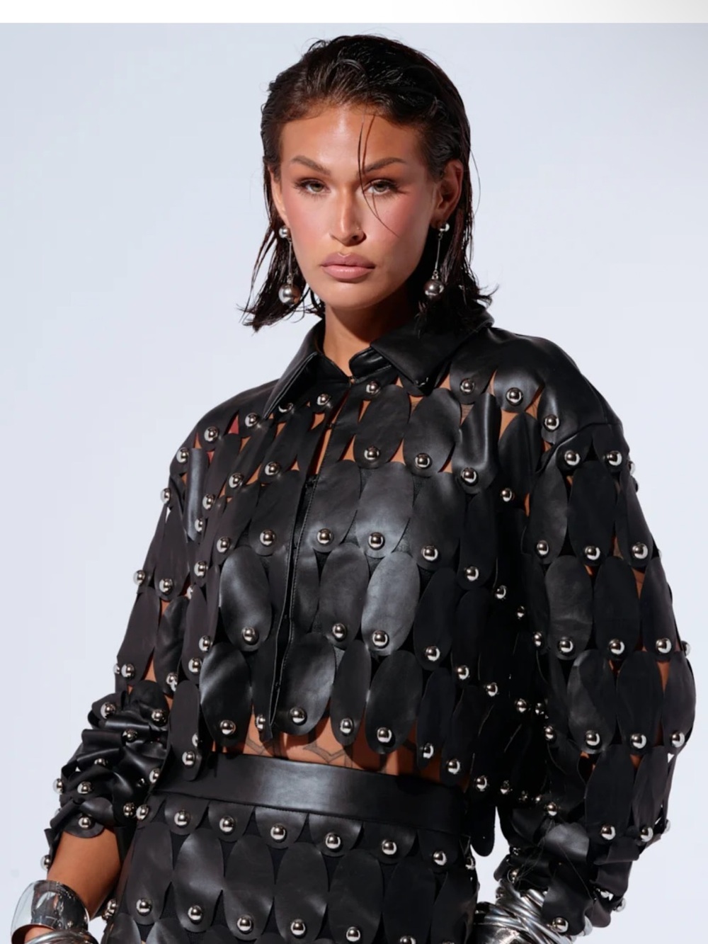 AKIRA Black Leather Studded Cutout Jacket - Picture 2 of 8